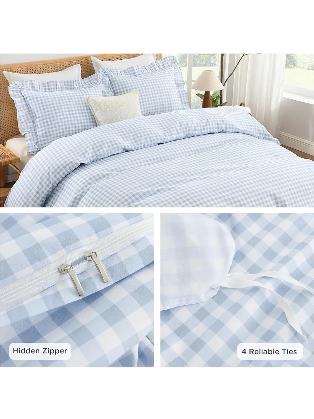 NEW Andency Blue Gingham 3-piece Duvet Cover King, Ruffle Shabby Chic